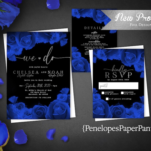 Royal Blue Wedding Invitation,Royal Blue Roses,Wedding Invite,Silver Calligraphy,Black Shimmer,Personalize,Silver Foil,Envelope Included