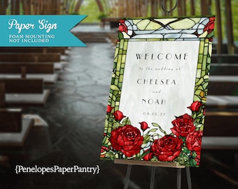 Red Rose Stained Glass Style Wedding Welcome Sign: Vintage Window, Personalized, Printed
