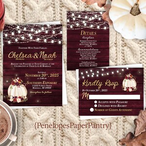 Rustic Burgundy Fall Wedding Invitation,Rustic Burgundy Fall Invite,Rustic Burgundy Wood,Fairy Light,White Pumpkin,Gold Calligraphy,Shimmery