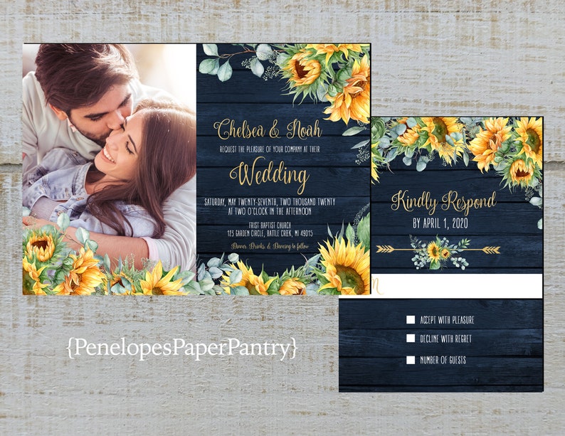 Rustic Photo Fall Wedding Invitation,Sunflowers,Eucalyptus,Navy Barn Wood,Gold Print,Shimmery,Custom Photo,Printed Invitation,Wedding Set