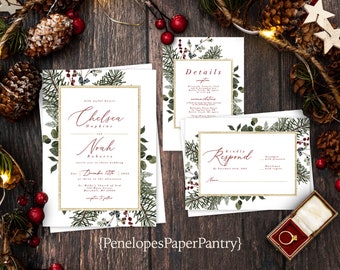 Winter Wedding Invitation,Winter Wedding Invite,Christmas Wedding,Christmas Invites,Winter Greenery,Calligraphy,Gold,Shimmery Invitation
