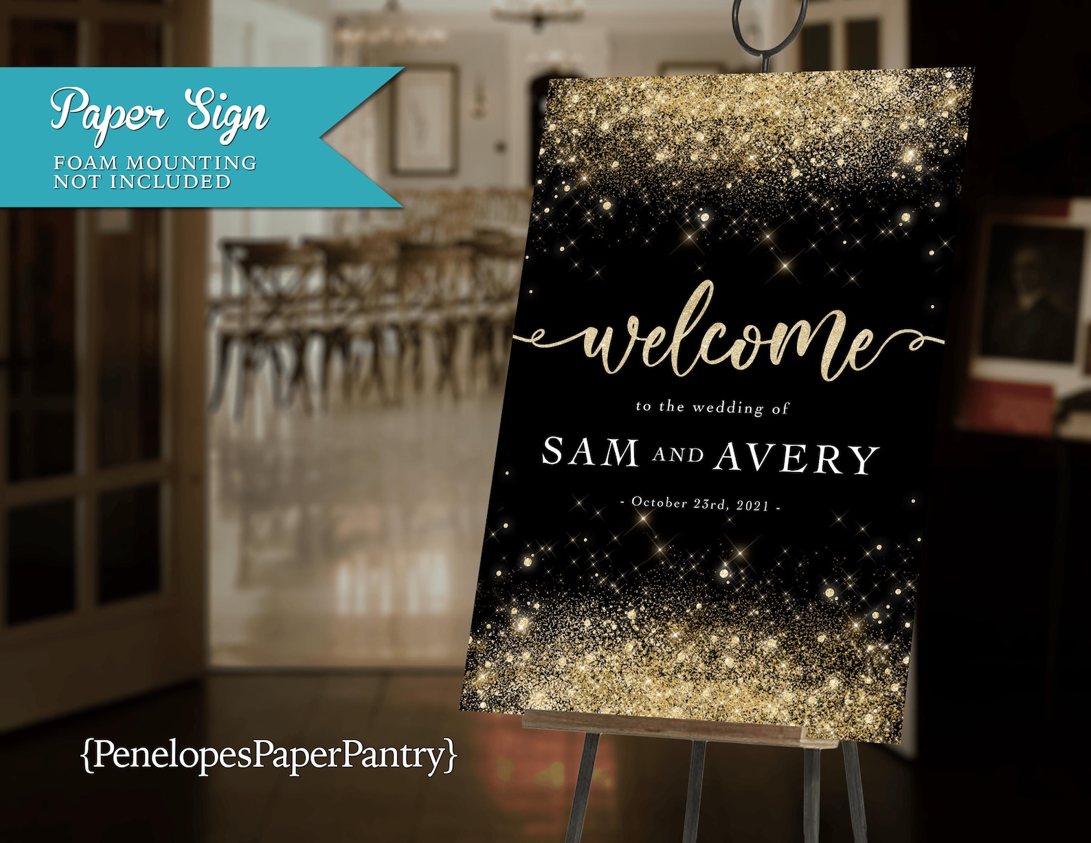 Black and Gold Wedding Welcome Sign Gold Glitter Print Personalized and Printed
