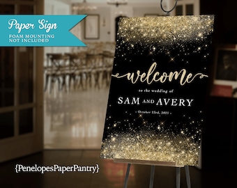 Black and Gold Wedding Welcome Sign: Gold Glitter Print, Personalized and Printed