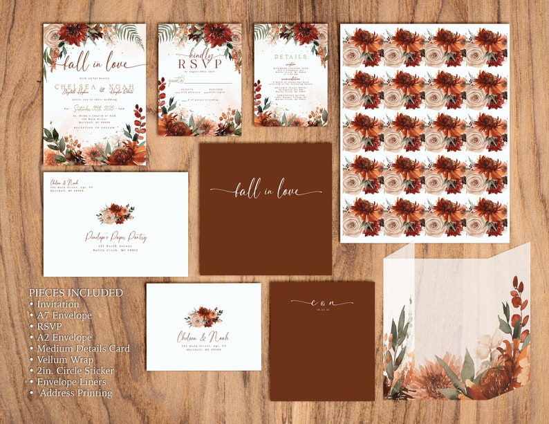 Fall Floral Wedding Invitation Bundle,Fall Wedding Bundle,Invitation Suite,Vellum Envelopment,Sticker,Envelope Liners,Envelope Printing image 2