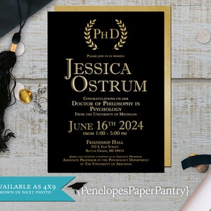 Elegant,Doctor of Philosophy Graduation Announcement,Invitation,PhD,Black and Gold,Gold Laurels,Unisex,Personalize,Envelope,Shimmery