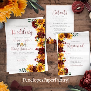 Rustic Sunflower Wedding Invitation,Sunflower Wedding Invite,Fall Wedding,White Barn Wood,Personalized,Printed Invitation,Envelopes Included