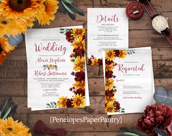 Rustic Sunflower Wedding Invitation,Sunflower Wedding Invite,Fall Wedding,White Barn Wood,Personalized,Printed Invitation,Envelopes Included