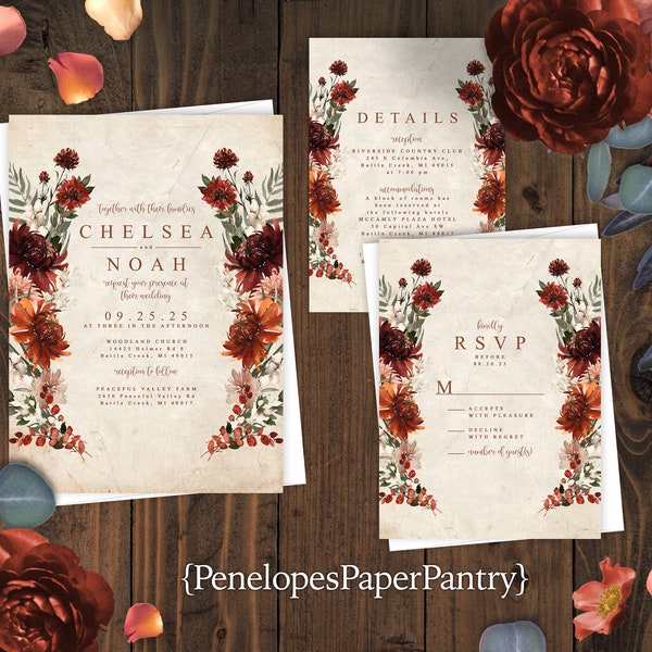 Personalized,Rustic Floral Wedding Invitation,Floral Fall Wedding Invite,Terracotta,Burnt Orange,Wildflower,Printed Invite,Envelope Included