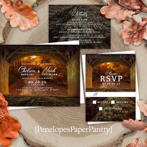 Covered Bridge Wedding Invitation,Rustic Fall Wedding,Fall Wedding,Fall Wedding Invite,Burnt Orange,Custom Invitation,Envelope,Printed image 1