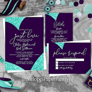 Romantic Purple and Turquoise Wedding Invitation Personalized Purple Heart Turquoise Glitter Print Calligraphy Printed Invitations Envelopes