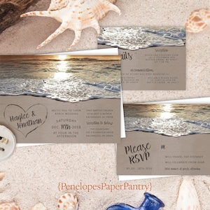 Sunset Beach Wedding Invitation,Beach Wedding Invitation,Romantic,Heart in the Sand,Destination Wedding,Tropical Wedding,Envelope Included image 1