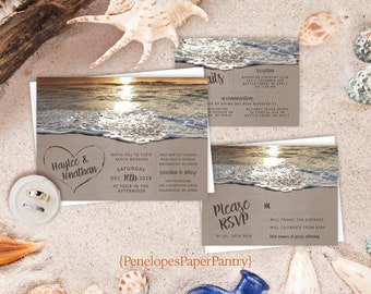 Sunset Beach Wedding Invitation: Heart in Sand, Tropical Destination, Personalized and Printed