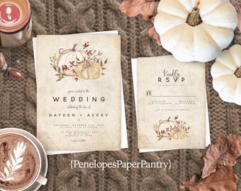 Minimalist White Pumpkin Fall Wedding Invitation,Neutral Colors,Burgundy Leaves,Vines,Parchment,Personalize,Printed,Wedding Set,Envelope