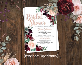 Elegant Bridal Shower Invitation,Floral Fall Bridal Shower Invite,Personalized Shimmery Shower Invite,Printed Invite,Envelopes Included