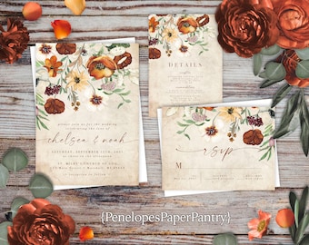 Fall Wedding Invitation,Fall Wedding Invite,Rustic Fall Wedding,Parchment,Fall Wildflower,Burnt Orange,Copper,Calligraphy,Envelopes Included