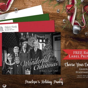 Rétro, c'est une vie merveilleuse, drôle de carte de photo de Noël, recto-verso personnalisée, texte personnalisé, cartes imprimées, enveloppes incluses, étiquettes d'adresse