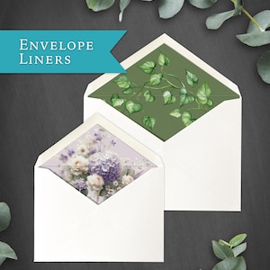 May include: Two white envelopes with decorative liners. One liner features a green vine pattern, and the other displays a floral arrangement of purple hydrangeas and white roses. A teal banner with the white text ENVELOPE LINERS is visible.