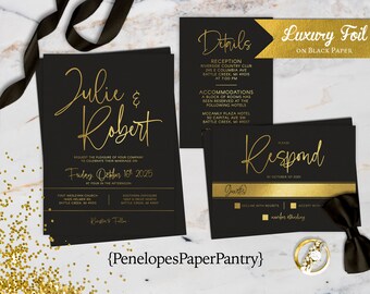 Luxury Black and Gold Foil Wedding Invitation,Midnight Black,Gold Foil Print,Gold Foil Text,Personalize,Printed Invitation,Black Envelope