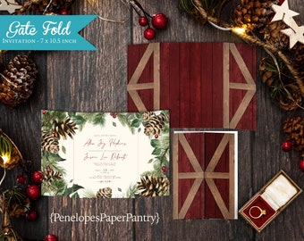 Printed Rustic Gatefold Winter Wedding Invitation,Set,Suite,Red Barn Doors,Red Barn Wood,Winter Greenery,Pine Cone,Personalized,Envelope