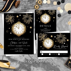 New Year's Eve Wedding Invitation,New Year's Eve Wedding Invite,Black,Gold,Gold Clock,Gold Firework Bursts,Gold Stars,Shimmery Invitation