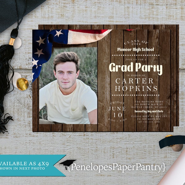 Patriotic Graduation Invitation,Announcement,Class of 2024,Grad Party Invite,Military Grad,American Flag,High School,Personalize,Printed