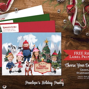 Carte photo de famille Noël Rudolph drôle personnalisée recto-verso texte personnalisé imprimé cartes enveloppes étiquettes d'adresse uniques en son genre