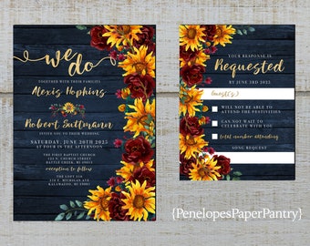 Rustic Navy Sunflower Fall Wedding Invitation,Sunflowers,Burgundy Roses,Navy Barn Wood,Gold Print,Shimmery,Personalize,Printed Invitation