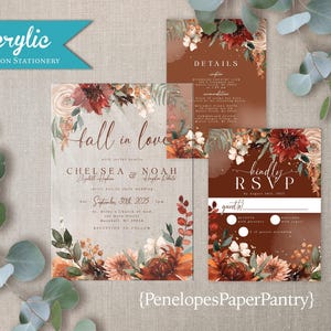 Terracotta Floral Fall Wedding Invitation Acrylic Burnt Orange Calligraphy Love Ceremony Suite Transparent Modern Design Boho Bride Announcement Elegant Custom Stationery Template Autumn Wedding Theme Contemporary Invites Rustic Chic Style