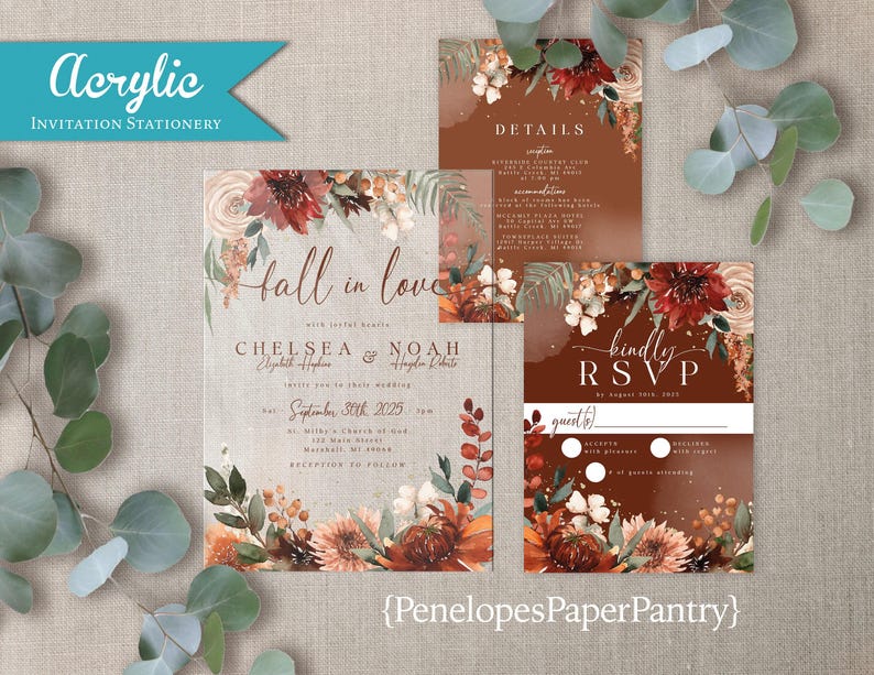 Terracotta Floral Fall Wedding Invitation Acrylic Burnt Orange Calligraphy Love Ceremony Suite Transparent Modern Design Boho Bride Announcement Elegant Custom Stationery Template Autumn Wedding Theme Contemporary Invites Rustic Chic Style
