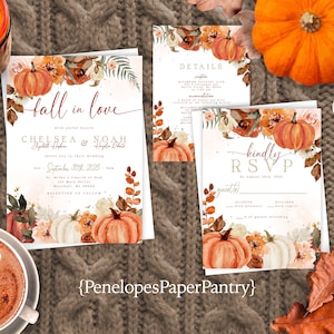 Elegant Fall Wedding Invitation Personalized Orange Pumpkins White Pumpkins Vines Fall In Love Custom Text Printed Invitation With Envelopes