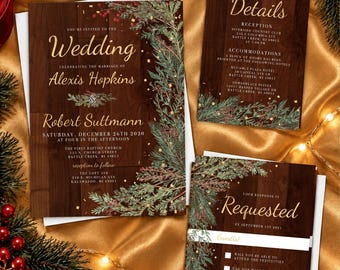 May include: A wedding invitation suite featuring a dark wood grain background with gold text and green pine branch illustrations. The set includes a main invitation for Alexis Hopkins and Robert Suttmann, a details card, and an RSVP card.