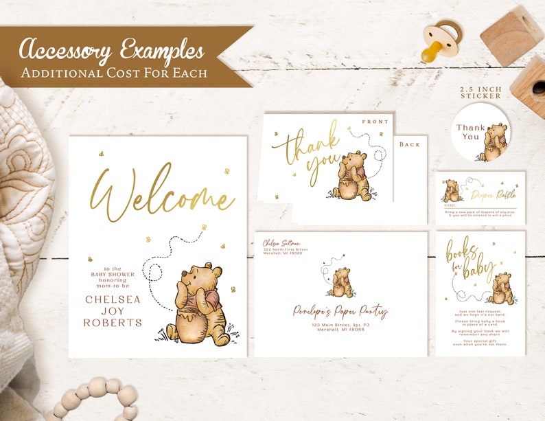 Winnie The Pooh Baby Shower Invitation Gender Neutral Pooh Bear Honey Pot Bees Gold Foil Print Personalize Printed Invitation Envelope image 2