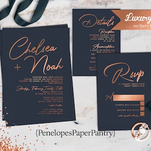 Luxury Navy and Copper Foil Wedding Invitation,Navy Blue,Copper Foil Print,Calligraphy,Chic,Personalize,Printed Invitation,Navy Envelope