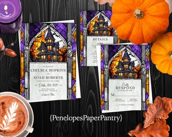 Halloween Theme Stained Glass Wedding Invitation,Halloween Stained Glass Wedding Invite,Haunted House,Shimmery Invitation,Envelope Included