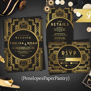 Art Deco Wedding Invitation Black & Gold Foil Personalized and Printed