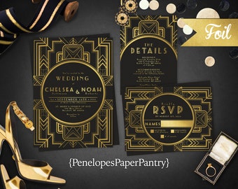 Art Deco,Wedding Invitation,Great Gatsby,Gold,Black,Personalize,Gold Foil,Art Deco Wedding,Great Gatsby Wedding,Black Envelope,Printed