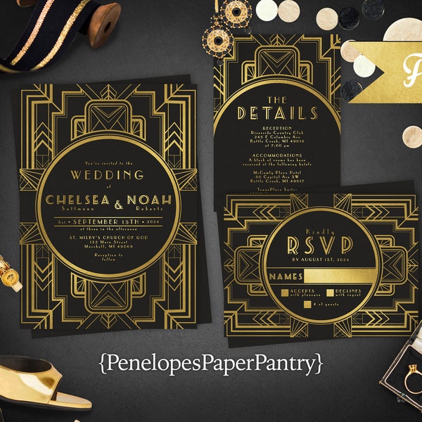 Art Deco,Wedding Invitation,Great Gatsby,Gold,Black,Personalize,Gold Foil,Art Deco Wedding,Great Gatsby Wedding,Black Envelope,Printed