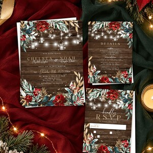 May include: A wedding invitation set featuring a dark wood background with string lights, red poinsettias, and green foliage. The text includes names Chelsea and Noah, date December 30th 2025, and details for a reception, accommodations, and RSVP.