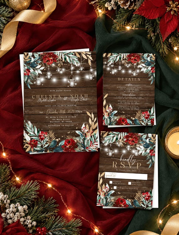 Rustic Christmas Wedding Invitation Suite: Barn Wood, Fairy Lights, Mistletoe, Country, December Set