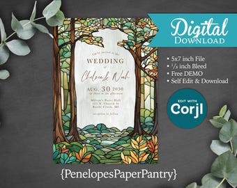Stained Glass Autumn Forest Fall Wedding Invitation Instant Download Digital Template Editable Printable Social Media Post Paperless Evite