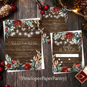 Rustic Winter Wedding Invitation,Winter Wedding Invite,Rustic Theme,Rustic Wood,Red,Greenery,Mason Jar Lights,Gold Print,Shimmery Invitation