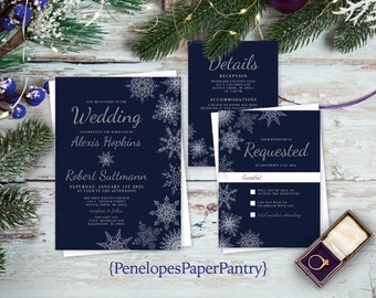 Elegant Navy Winter Wedding Invitation,Navy Winter Wedding Invite,Navy Blue,Silver,Snowflakes,Glitter Print,Shimmery Invitation,Envelopes