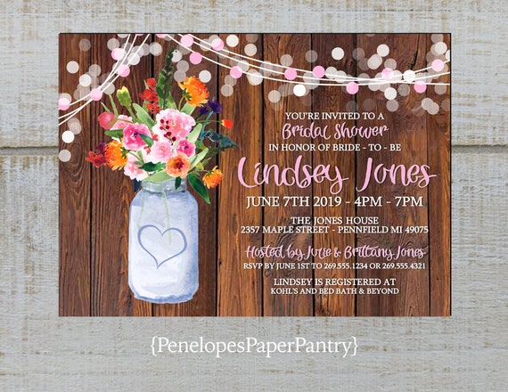 Rustic Floral Summer Bridal Shower Invitationmason Etsy