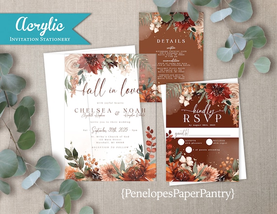 Acrylic Wedding Invitation,Fall Wedding Invite,Fall In Love,Terracotta,Burnt Orange,Calligraphy,Fall Floral,Personalize,Envelope,Printed,5x7
