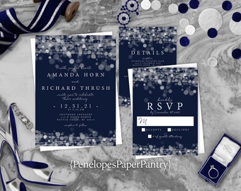 Elegant Navy Wedding Invitation,Navy Blue,Silver,Wedding Invite,Navy and Silver,Silver Glowing Lights,Bokeh,Shimmery Invitation,Envelope