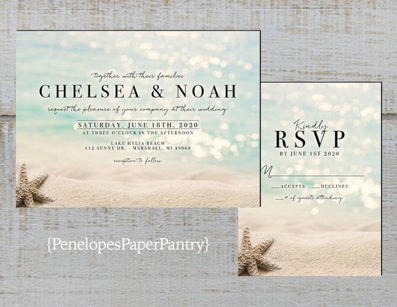 Elegant Beach Wedding Invitationstar Fishsandy Beachblue Etsy