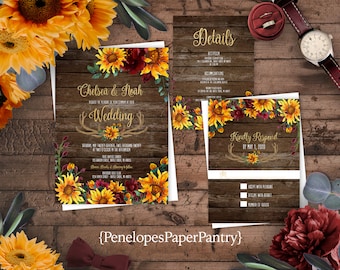 May include: Rustic wedding invitation suite with a woodgrain background and sunflower and burgundy floral accents. The invitation includes the couple's names, wedding date, and details. The RSVP card includes a response section and space for the number of guests.