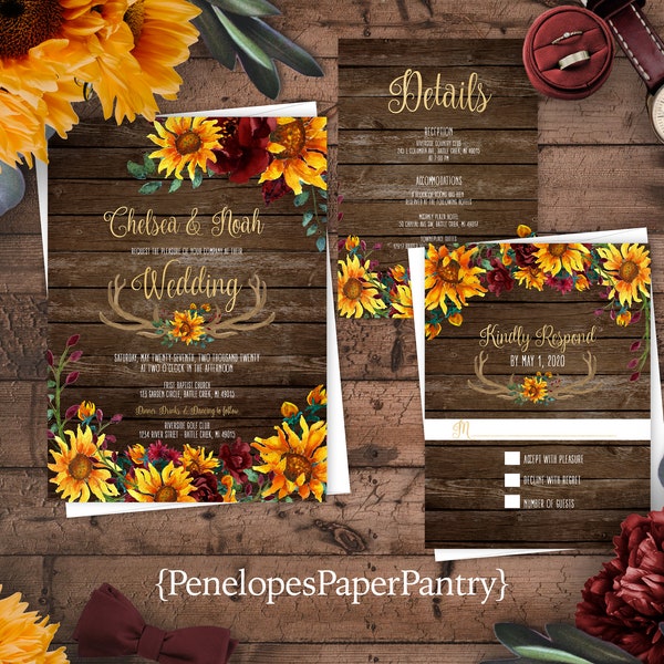 Rustic,Sunflower,Fall,Wedding Invitation,Fall Wedding Invite,Antlers,Sunflowers,Burgundy Roses,Barn Wood,Gold,Shimmery,Personalize,Printed