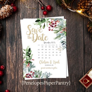 Elegant Personalized Christmas Wedding Save The Date,Calendar Save The Date,Save The Date Card,Shimmery Card,Envelope Included,Printed Card