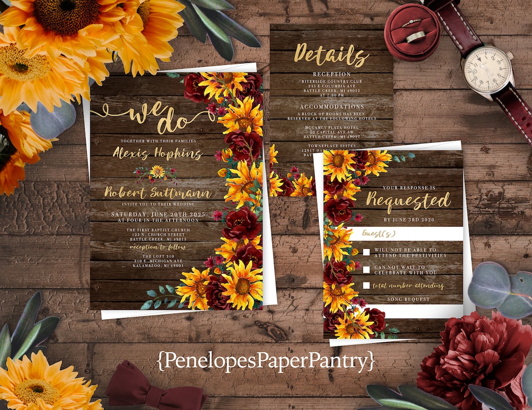 Rustic Sunflower Fall Wedding Invitation Personalized Barn Wood Burgundy  Roses Gold Print Satin Finish Printed Invitation Envelopes Included - Etsy, image size:1080x834